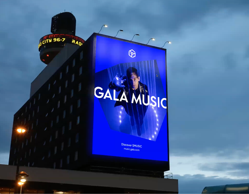 blurry photo of sunset over ocean with logo on top